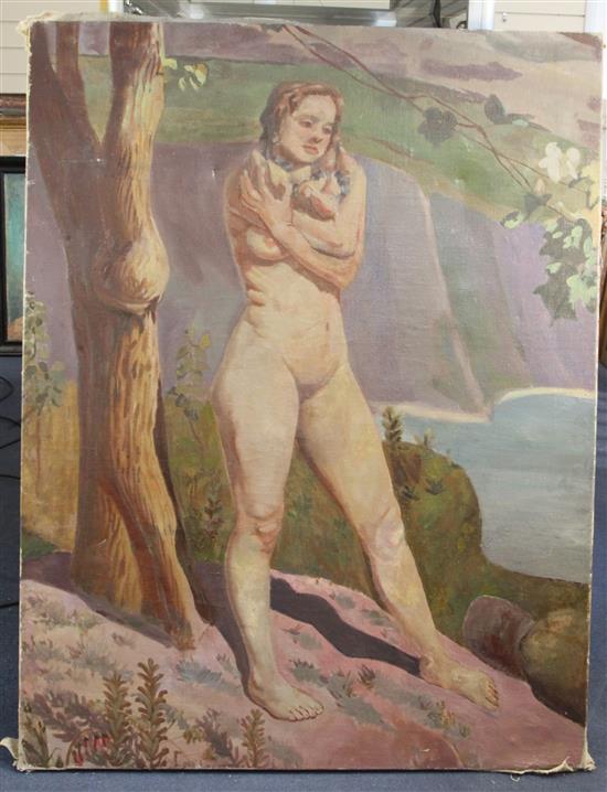 § John Miles Bourne Benson (1889-1950) Nude in a coastal landscape 44.5 x 34in., unframed